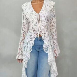 New Elegant Sheer Lace Trim Women's Long Thin Coat L XL